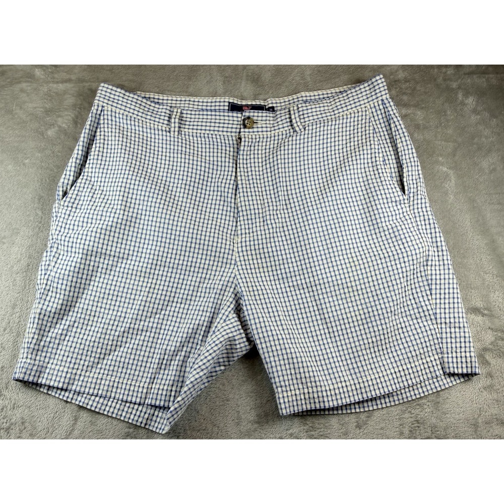 Vineyard Vines Shorts Mens 36 Breaker Blue White Check Seersucker Flat Front
